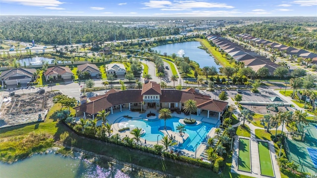 aerial view featuring a water view