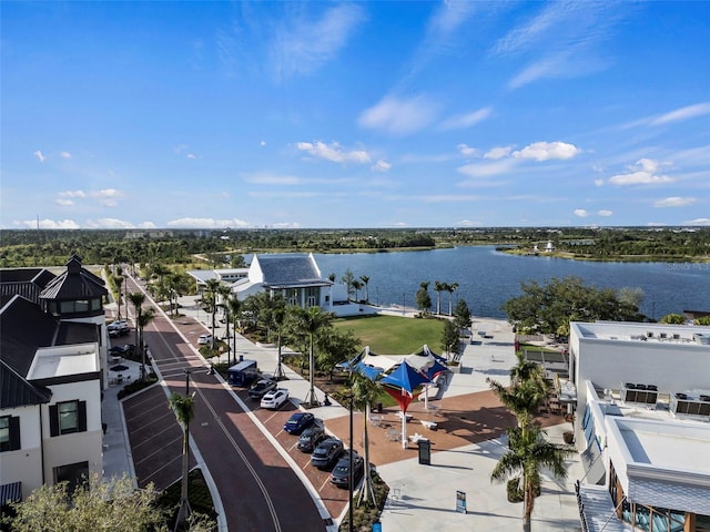 birds eye view of property featuring a water view