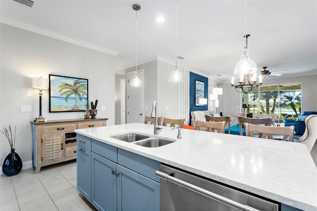 kitchen with sink, crown molding, light tile patterned floors, stainless steel dishwasher, and pendant lighting