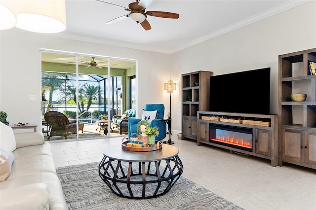 living room featuring ceiling fan