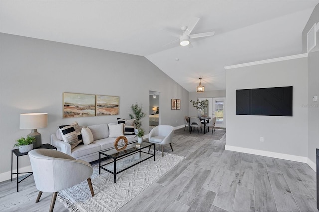 living room featuring french doors, light wood-type flooring, ceiling fan, and lofted ceiling