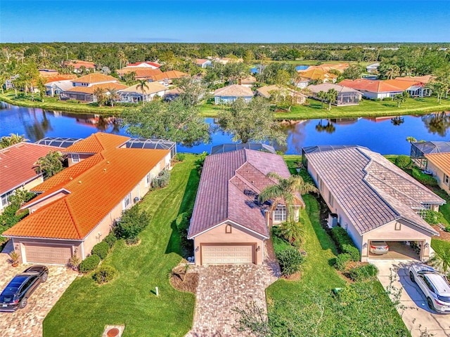 aerial view featuring a water view