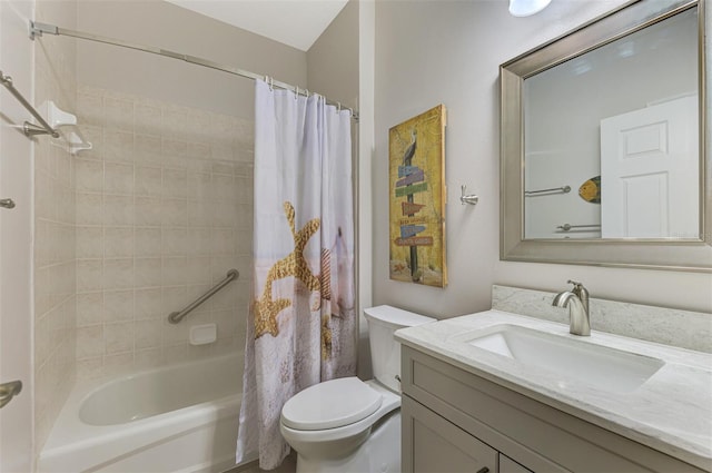 full bathroom with shower / bath combo with shower curtain, vanity, and toilet