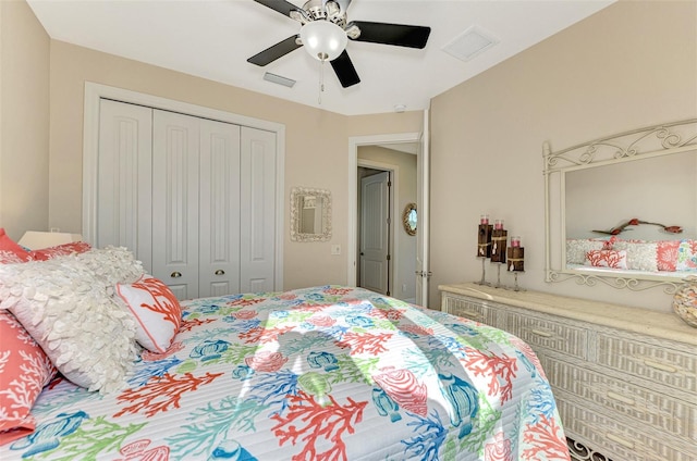 bedroom with ceiling fan and a closet