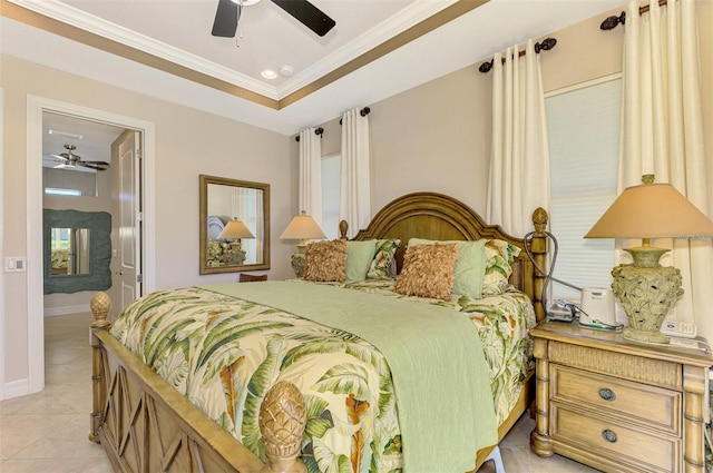 bedroom with ensuite bathroom, ceiling fan, light tile patterned floors, and crown molding