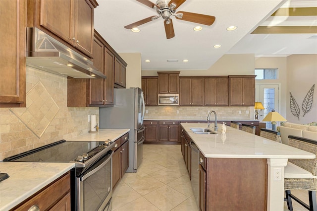 kitchen featuring backsplash, a kitchen island with sink, sink, appliances with stainless steel finishes, and a breakfast bar area