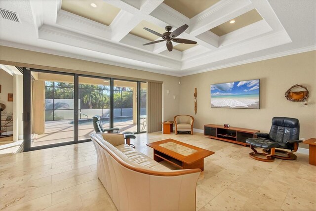 2 Marker Rd, Rotonda West, FL 33947 - living room featuring coffered ceiling, ornamental molding, ceiling fan, beamed ceiling, and baseboards