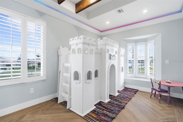 bedroom with beamed ceiling and parquet floors