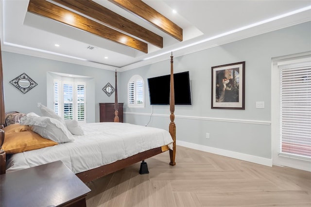 bedroom with beamed ceiling, light parquet flooring, and ornamental molding