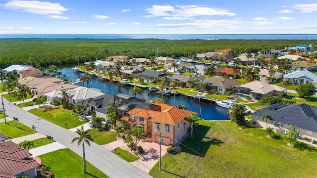 aerial view featuring a water view