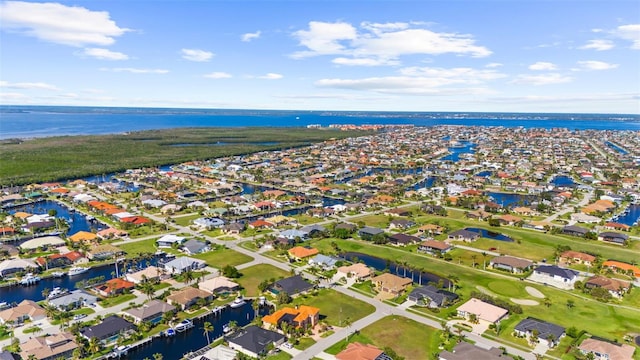 bird's eye view with a water view