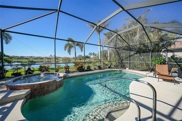 view of pool featuring glass enclosure, a water view, and a patio