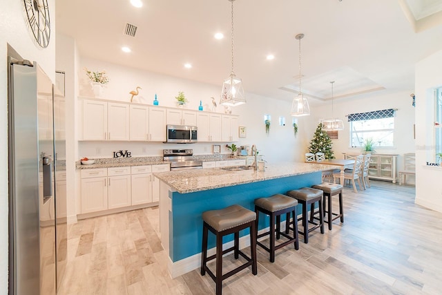 kitchen featuring white cabinets, sink, stainless steel appliances, and a kitchen island with sink