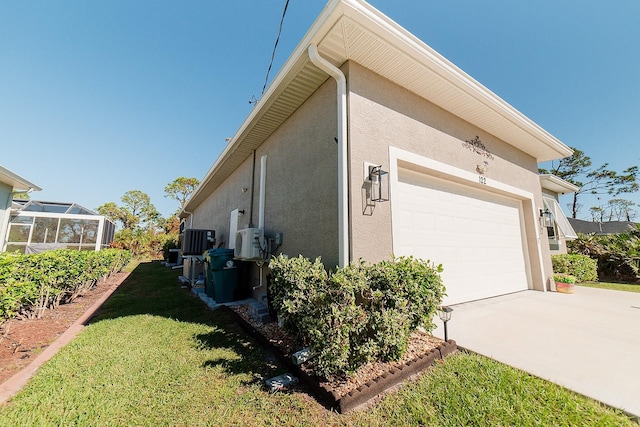 view of property exterior featuring a garage, central AC unit, a lanai, and a lawn