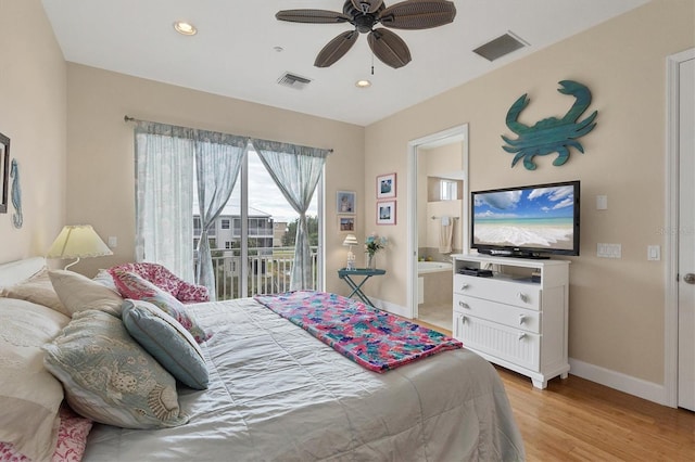 10390 Longshore Rd Unit 82, Placida, FL 33946 - bedroom with access to outside, light wood-style flooring, recessed lighting, connected bathroom, and a ceiling fan