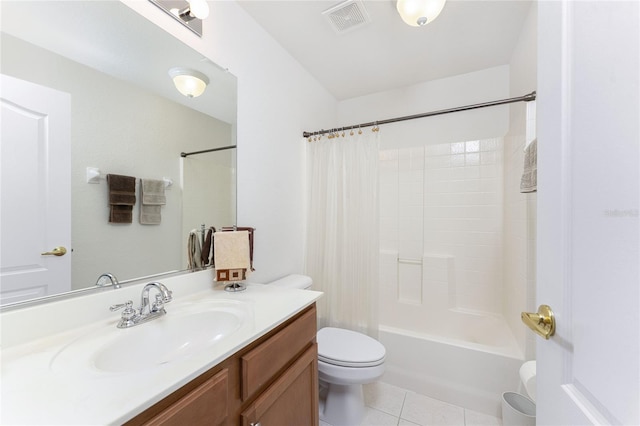 full bathroom with toilet, vanity, tile patterned floors, and shower / tub combo with curtain