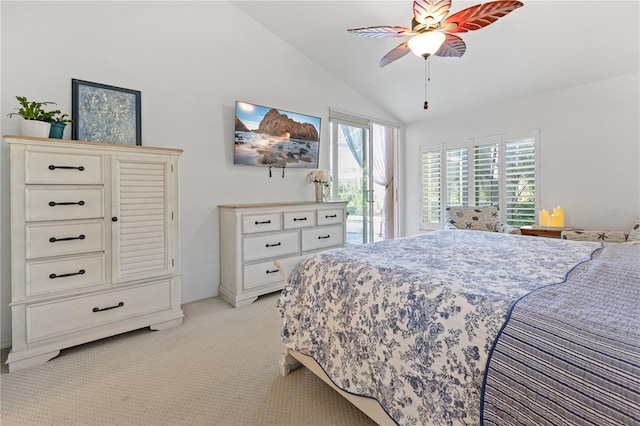 bedroom featuring ceiling fan, light colored carpet, lofted ceiling, and access to outside