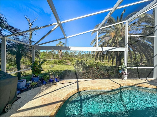 view of swimming pool featuring a grill, a lanai, and a patio area