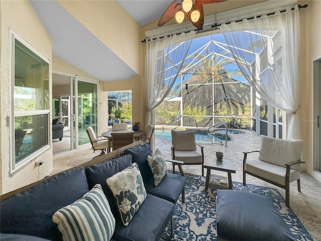 view of patio / terrace with a lanai, an outdoor hangout area, and ceiling fan