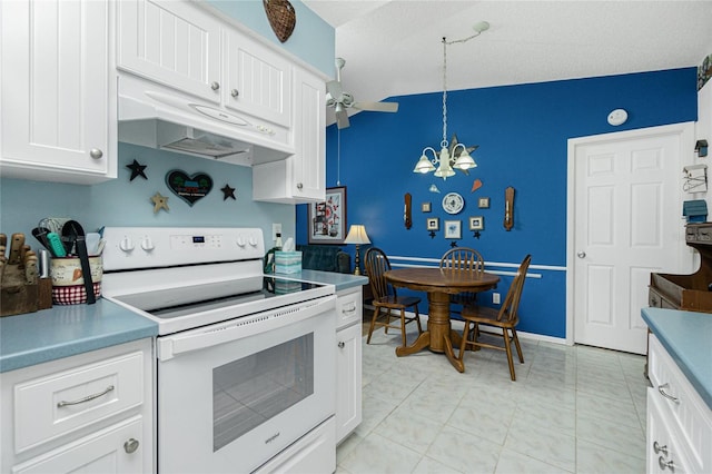 kitchen with white cabinetry, hanging light fixtures, white electric stove, a textured ceiling, and ceiling fan with notable chandelier