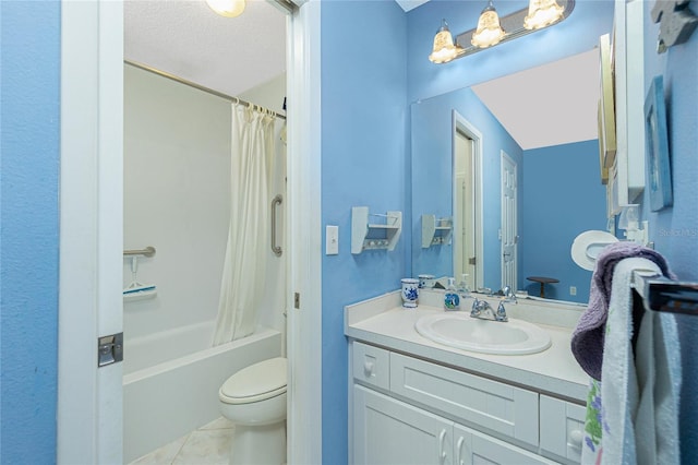 full bathroom with vanity, tile patterned floors, toilet, a textured ceiling, and shower / tub combo with curtain