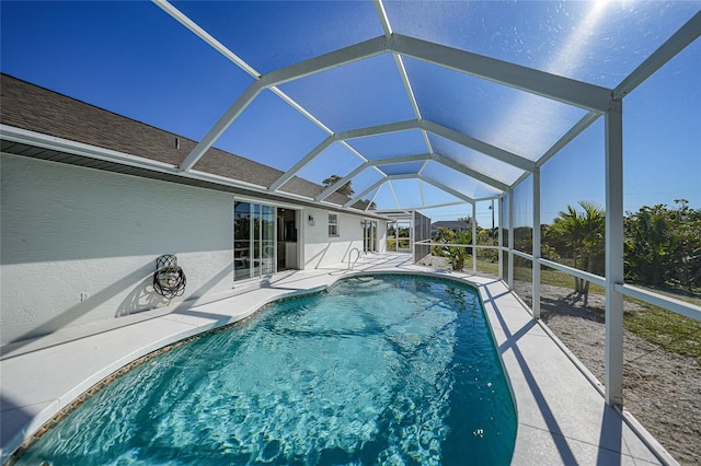 view of swimming pool with a lanai and a patio