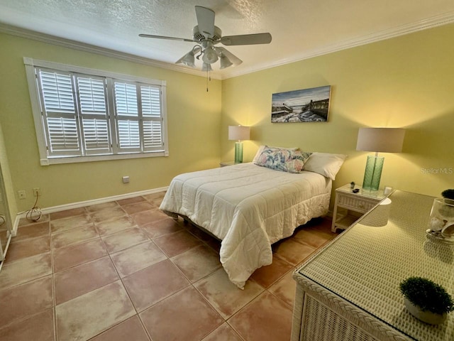 bedroom featuring tile patterned floors, ceiling fan, crown molding, and a textured ceiling