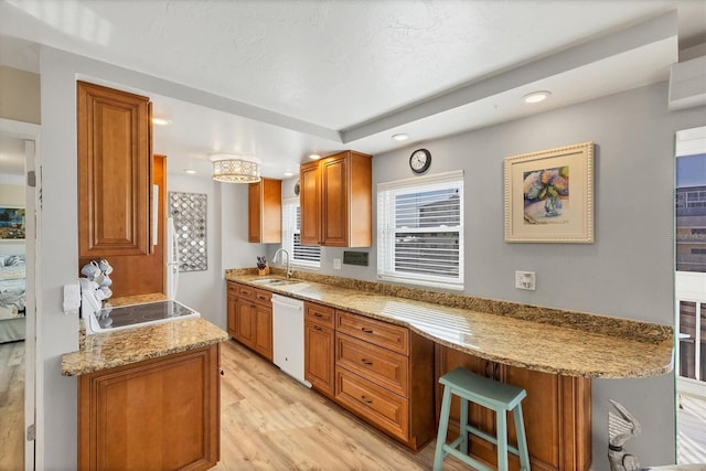 kitchen featuring light stone counters, sink, stovetop, light hardwood / wood-style flooring, and dishwasher