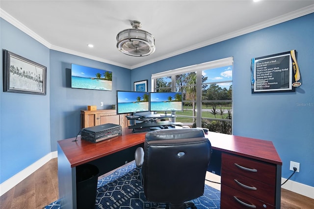 home office featuring dark hardwood / wood-style floors and crown molding