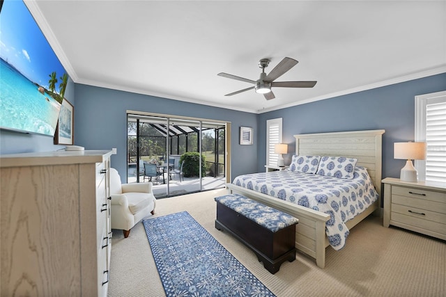 carpeted bedroom featuring ceiling fan, access to exterior, and crown molding