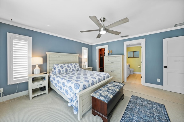 bedroom featuring connected bathroom, a spacious closet, ceiling fan, a closet, and ornamental molding