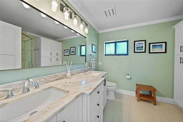 bathroom featuring walk in shower, vanity, crown molding, tile patterned flooring, and toilet