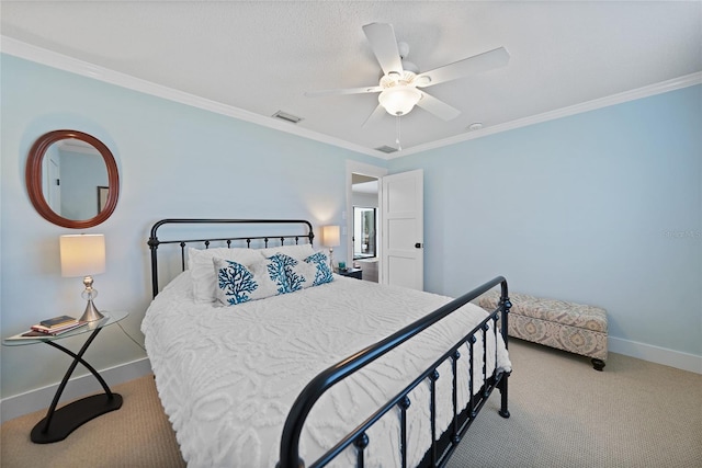 bedroom with ceiling fan, light colored carpet, and crown molding