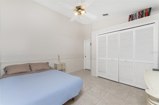 tiled bedroom featuring ceiling fan and a closet