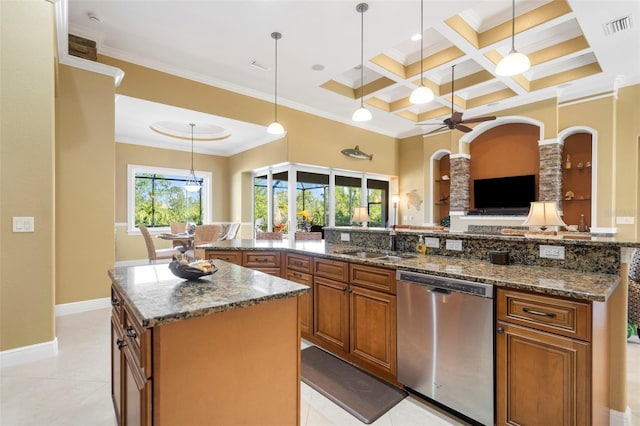 kitchen featuring coffered ceiling, ceiling fan, dishwasher, a center island, and hanging light fixtures