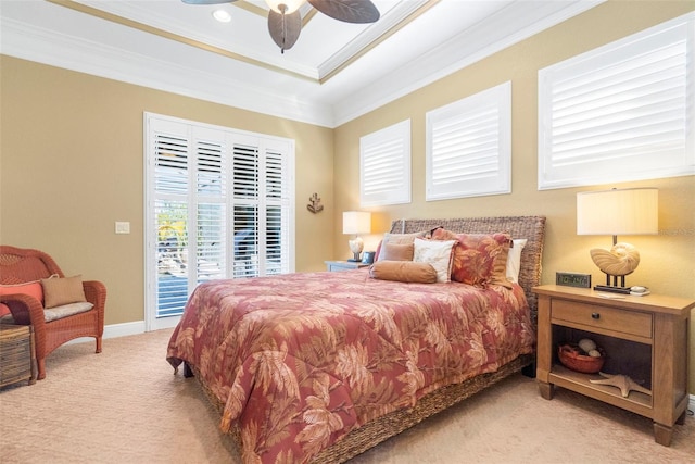 bedroom featuring access to outside, light colored carpet, ceiling fan, and crown molding