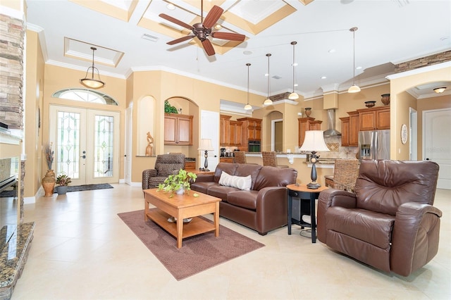 14010 San Domingo Blvd, Port Charlotte, FL 33981 - living room featuring french doors, crown molding, a high ceiling, coffered ceiling, and a ceiling fan