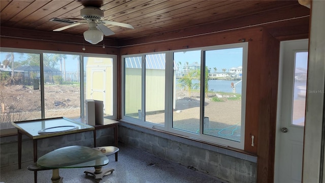 unfurnished sunroom featuring ceiling fan, plenty of natural light, a water view, and wood ceiling