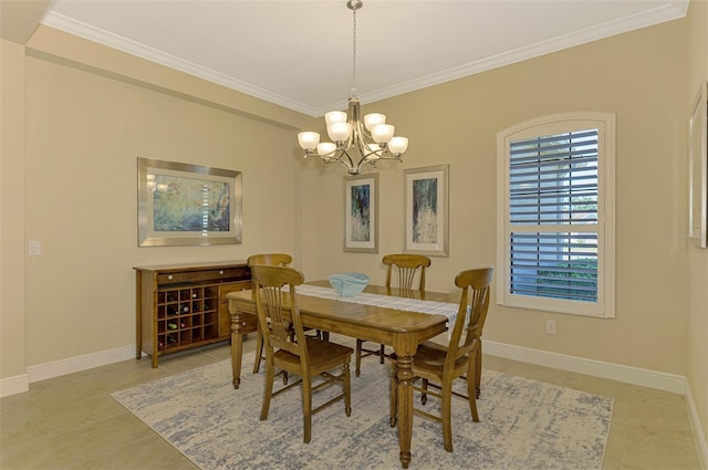 tiled dining room with a notable chandelier and crown molding