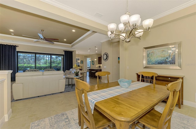 dining area featuring light tile patterned floors, ceiling fan with notable chandelier, and crown molding