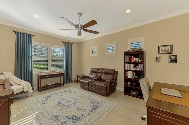 office area featuring light tile patterned floors, ceiling fan, and crown molding