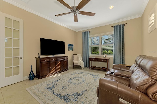 tiled living room with crown molding and ceiling fan