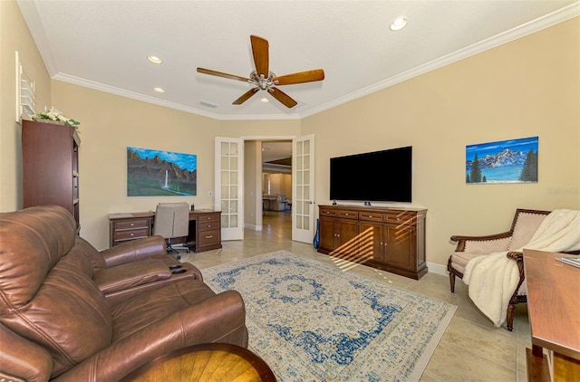 tiled living room with ceiling fan, french doors, and ornamental molding