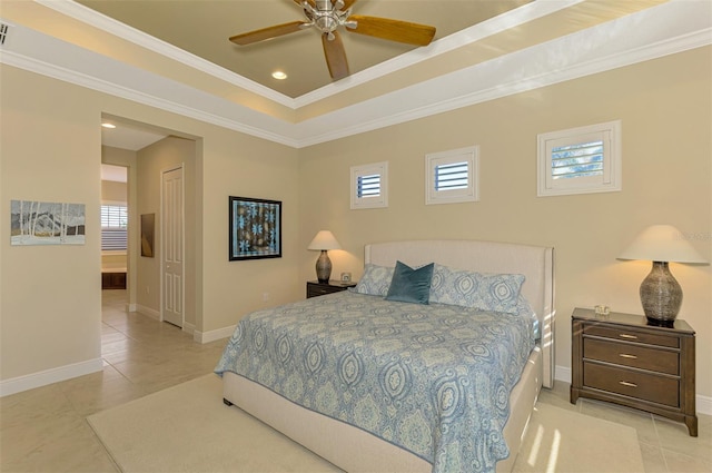 bedroom featuring ceiling fan, light tile patterned floors, crown molding, and multiple windows