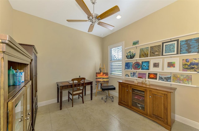 office featuring ceiling fan and light tile patterned floors