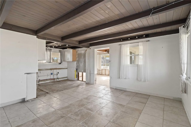 unfurnished living room with beam ceiling, light tile patterned flooring, and wooden ceiling