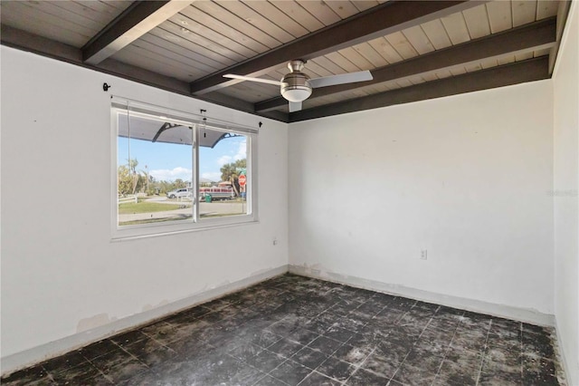 spare room featuring ceiling fan, beam ceiling, and wood ceiling