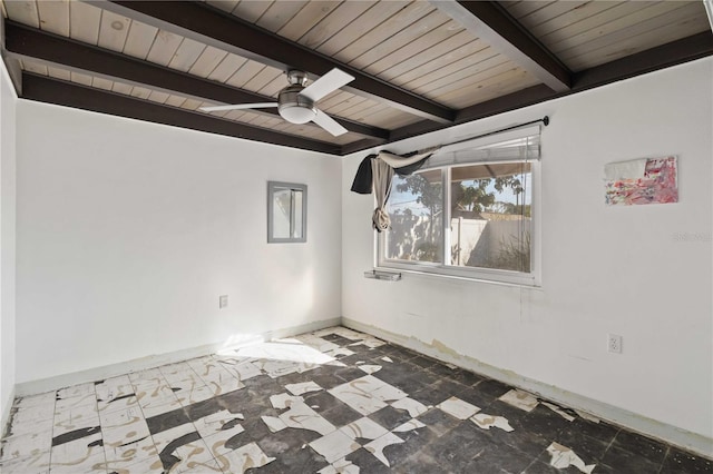 spare room with beamed ceiling, ceiling fan, and wooden ceiling