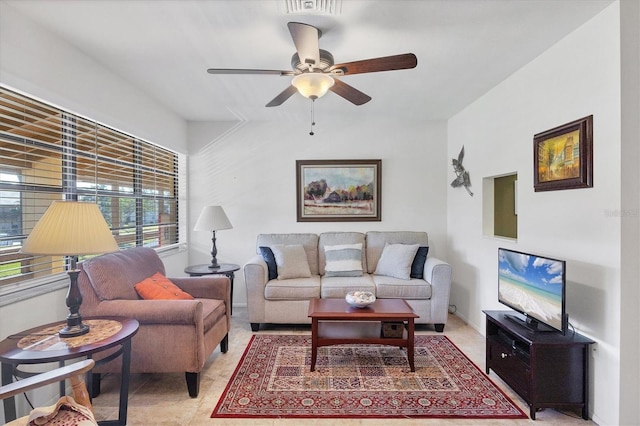 living room with ceiling fan