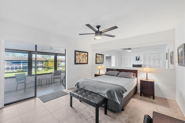 tiled bedroom with ceiling fan